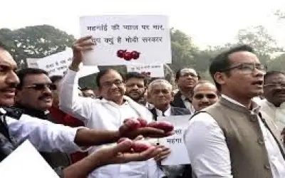 प्याज के मुद्दे पर संसद परिसर में चिदंबरम ने किया प्रदर्शन