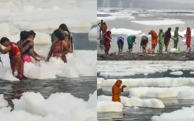 जहरीले झाग के बीच यमुना नदी में छठ पर्व की हुई शुरुआत