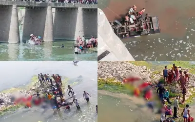 भरी बस नदी में गिरने से 25 बारातियों की मौत
